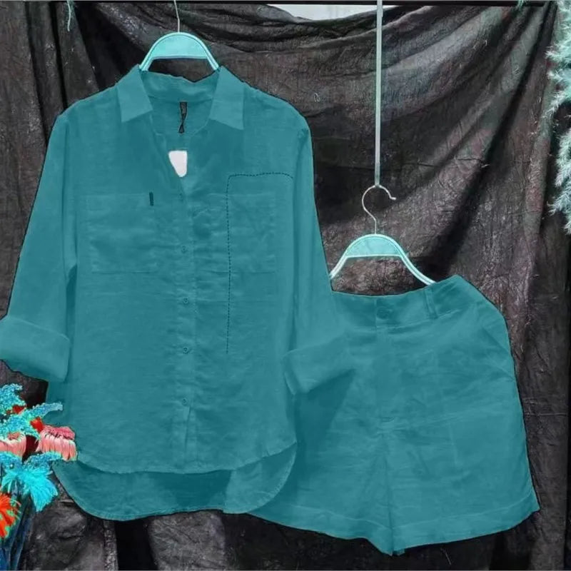 2024 Summer Cotton Linen Casual Home 2 Piece Set For Women Fashion White Long Sleeve Shirt And Shorts Two Piece Sets Tracksuit