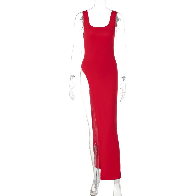 Sexy Sleeveless Side High Split Midi Dress Backless Women's Summer Party Club Streetwear Y2K Style Solid Color