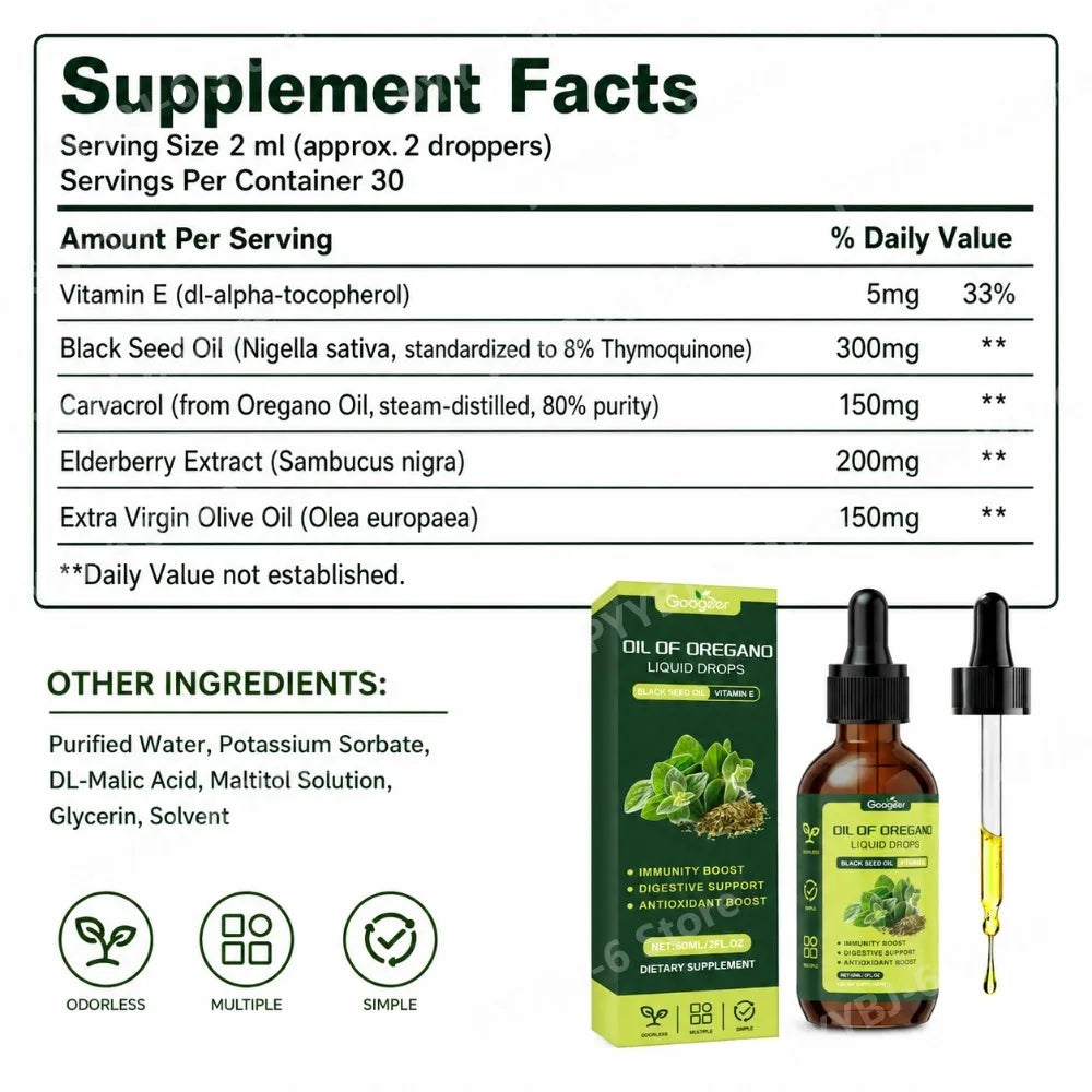 Oregano Oil Liquid Drops with Black Seed Oil VitaminE Natural Herbal Supplement for Immunity Digestive &Antioxidant Support 60ml