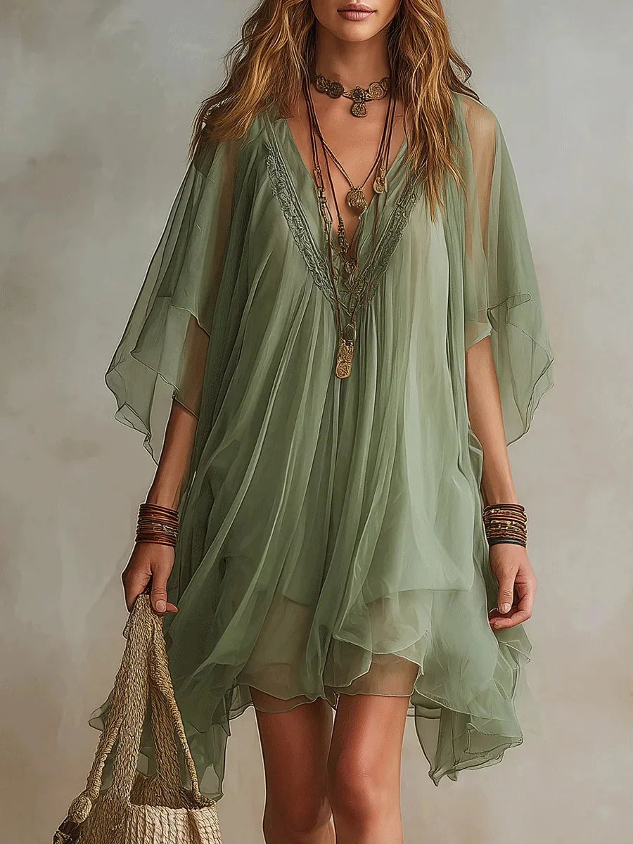 Summer 2026 Women V-neck Chiffon Dress Two-piece Set Spaghetti Strap Dress with Perspective Cover up Beach Skirt Beach Vacation