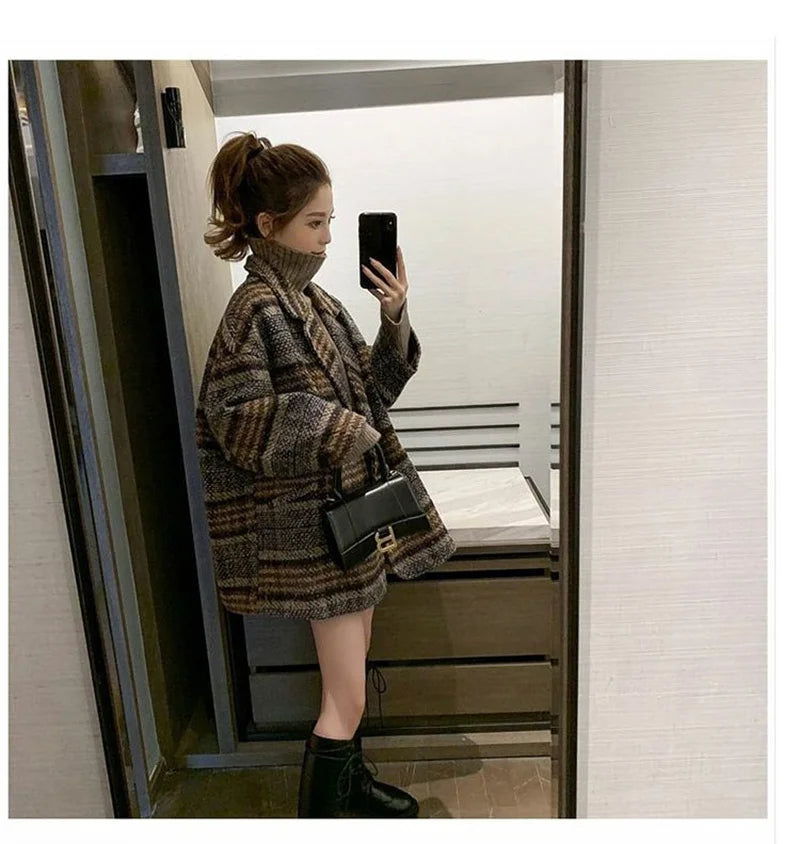 Vintage Fashion Commuter Plaid Medium Long Woolen Coat Women 2023 Spring Autumn New Korean Loose and ComfoRtable Appear Thin