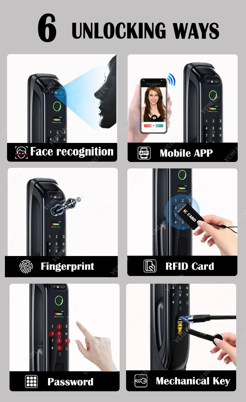 Tuya WiFi Video Intercom 3D Face Recognition Smart Lock, Biometric Camera Auto Keyless Lock for 5050 5072 5572 4585 6085 Mortise
