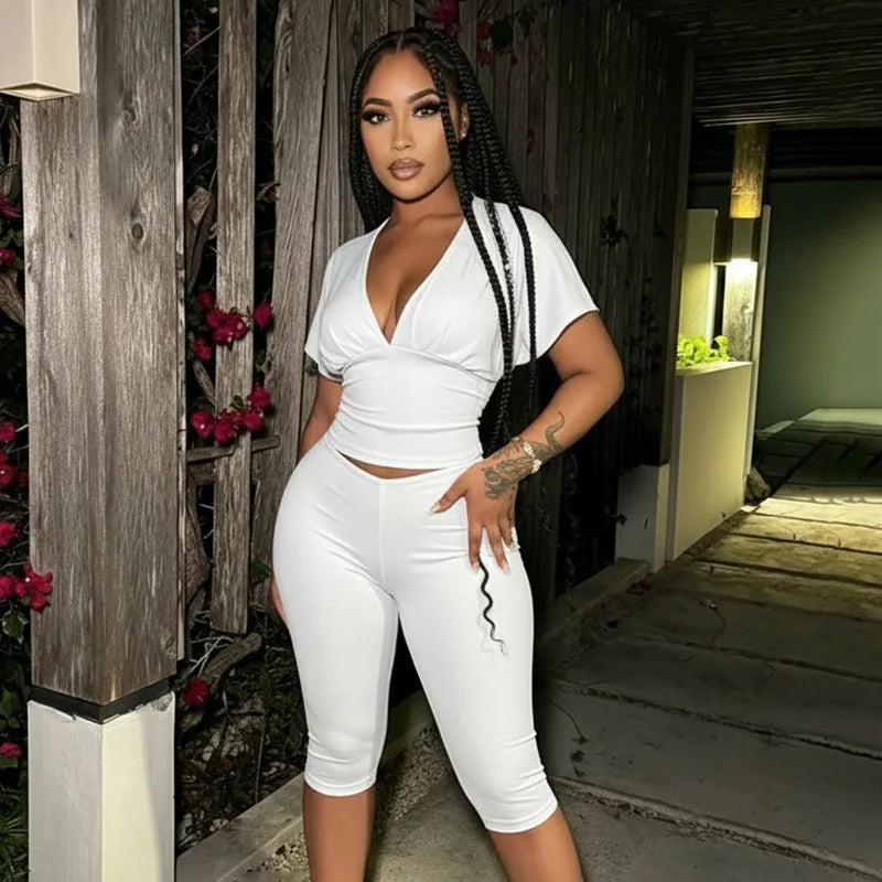 STYLISH LADY Y2K Solid Color Two Piece Set Batwing Sleeve Ruched Top Capri Pants 2026 Women Bodycon Vacation Party Outfits