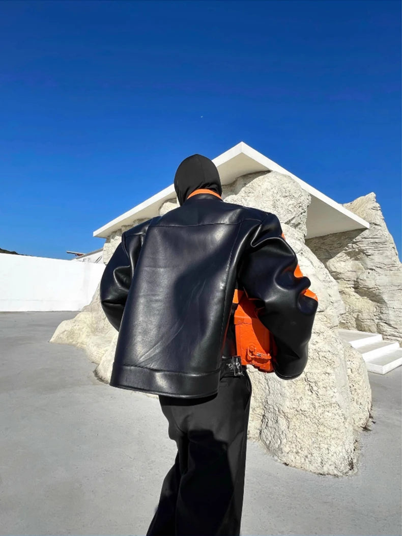 Mauroicardi Spring Autumn Cool Loose Orange and Black Color Block Faux Leather Jacket Men Luxury Designer Zip Up Clothes 2023