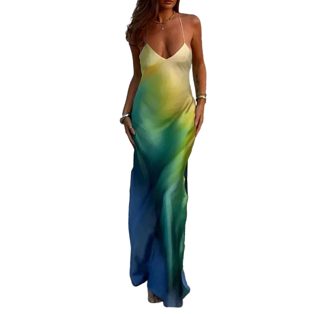 Women's Summer Cami Long Dress Gradient Color Spaghetti Strap V-Neck Backless Beach Party Dress Sundress Beachwear