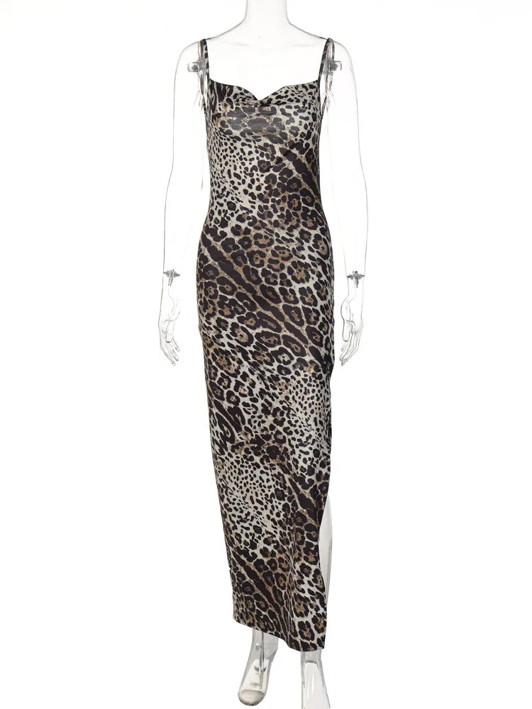Womens Leopard Print Maxi Dress Strap Backless Bodycon Dress High Slit Sleeveless Party Dress Sexy Club Summer Dresses