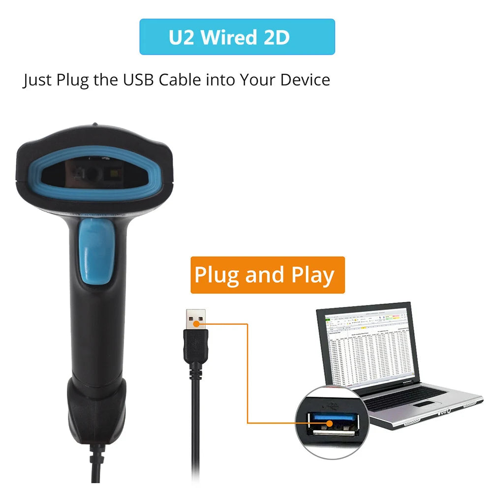 USB 2D Barcode Scanner Handheld Wired QR Code Scanner Support Screen Scan UPC Bar Code Reader for Warehouse Library