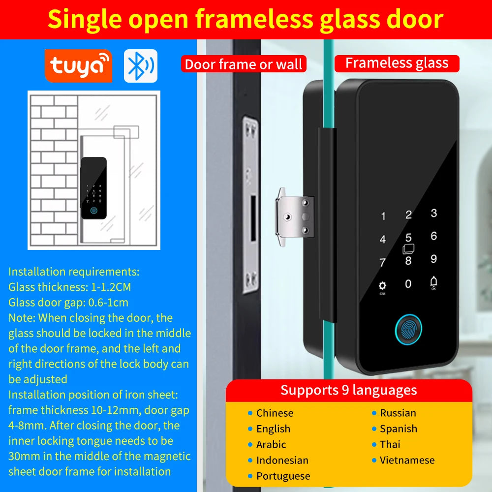 Multifunctional Smart Glass Door Lock Electronic Digit Biometric Fingerprint Tuya App Key Electric Smart Life Digital Door Lock