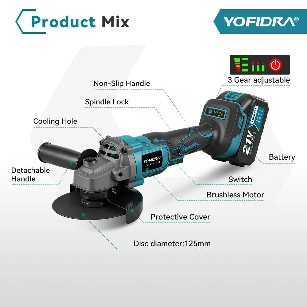 YOFIDRA 125mm Brushless Angle Grinder 3 Gears Cordless Grinding Machine Cutting Woodworking Power Tool For Makita Battery Pin