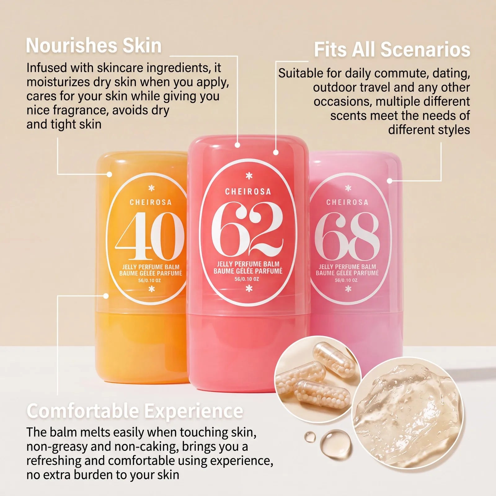 Jelly Perfume Balm 3 Scents 40 Amber Vanilla 62 Almond Caramel 68 Lychee Fruity Long Lasting Portable Travel Solid Perfume