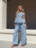 Denim Printed Pants 2 Piece Set Women Elegant Round Neck Sleeveless Vests Slim Long Pant Suits 2026 Lady Daily Street Outfit New