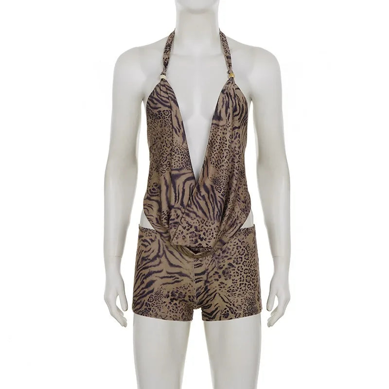 Women Sexy Leopard Print 2 Piece Set Swinging Collar Lace Up Halter Backless Tank Tops + Shorts Holiday Matching Suits Clubwear