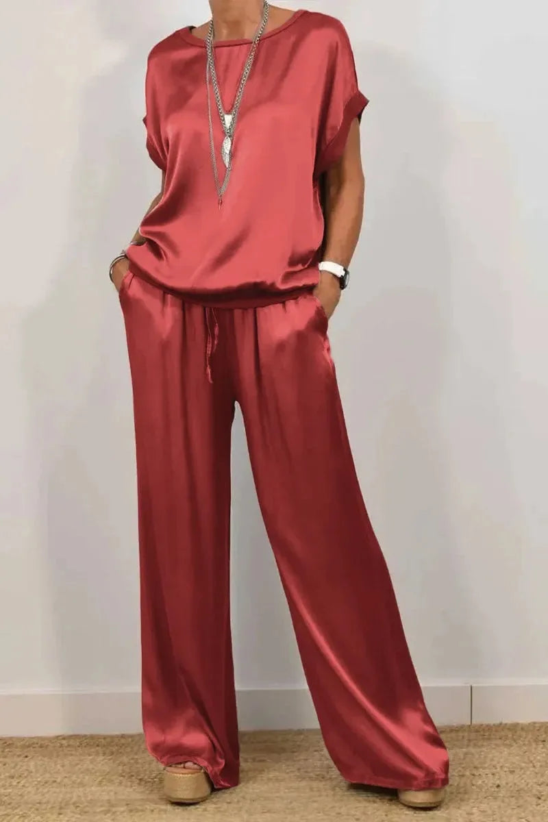 Spring Summer Fashion Solid Smooth Satin Two Piece Sets New Women's O-neck Short Sleeve Top + Wide Leg Pant Casual Loose Set