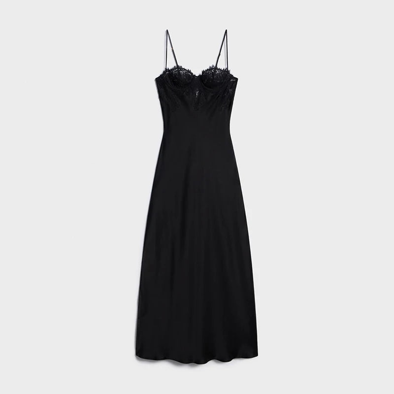Lace Bust Satin Slip Dress Spaghetti Strap Back Split Elegant Maxi Night Vestido 2026 Summer Banquet Party Women Gentle Grown