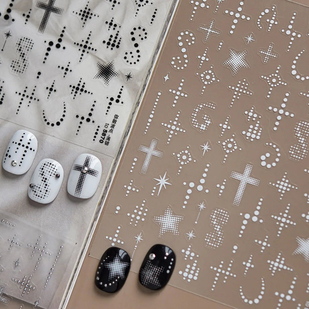 1Pcs Fashion Black White Silver Polka Dot Matrix Diffusion Pentagram Star Starburst Cross-shaped Adhesive DIY Nail Art Stickers