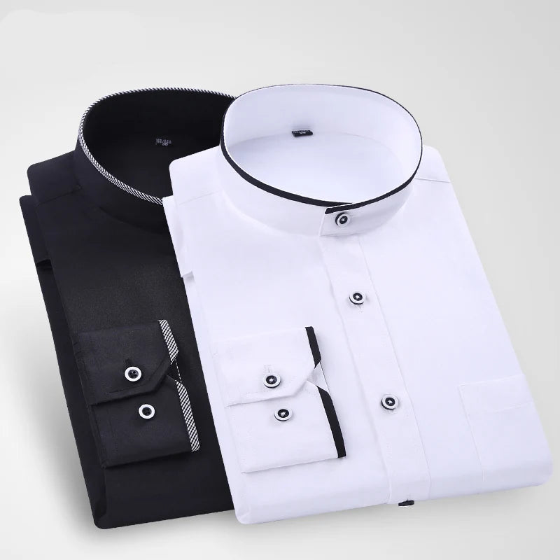 Men's Stand Up Collar Shirt Classic Round Neck Slim Fit Vertical Collar Long Sleeved White Shirt
