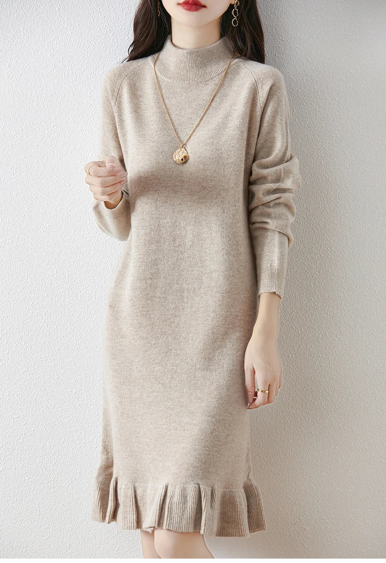 Women's Pure Wool Knitted Dress, High Collar, Pleated, Casual, Fashionable, Warm, 2024 Autumn And Winter