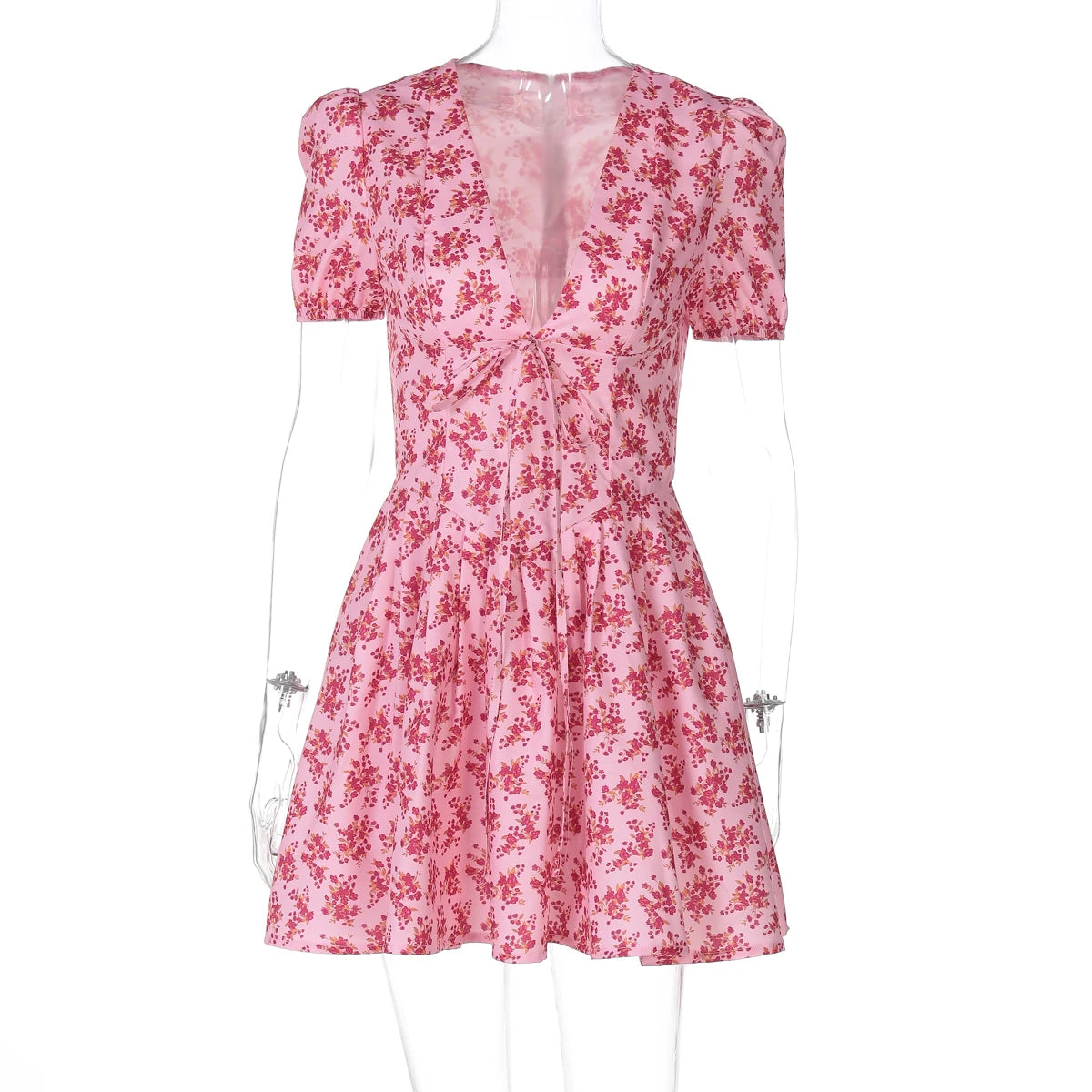 Hugcitar 2026 Floral Print V Neck Short Sleeve Lace Up Zip Up Sexy Slim Pleated Mini Dress Summer Elegant Outfits Party Vacation