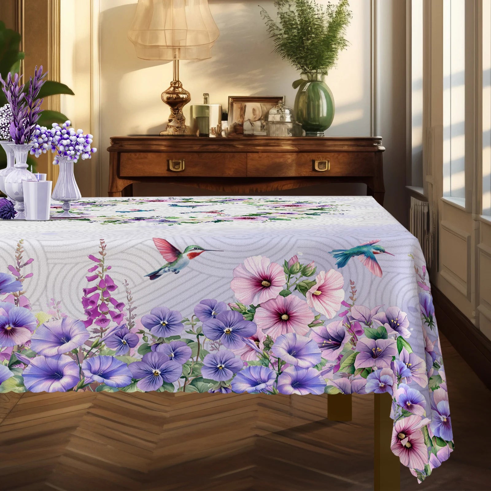 1 Piece, Purple Morning Glory Hummingbird Tablecloth + 4 Tablecloth Stickers, Morning Glory and Hummingbird Pattern Design, Holiday Table Decoration Cloth, Round/Rectangular Tablecloth, Suitable for Home Decoration, Room Deco
