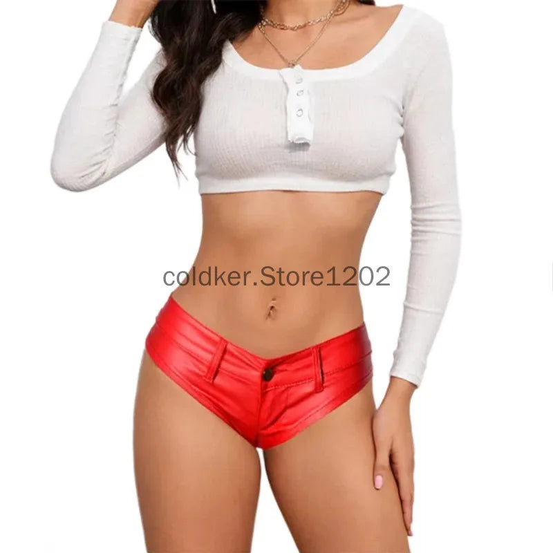 Women's Mini Ultra Shorts Low Rise Stretch PU Faux Leather Shorts Bikini Hot Pants Red Black Summer 2025 Streetwear