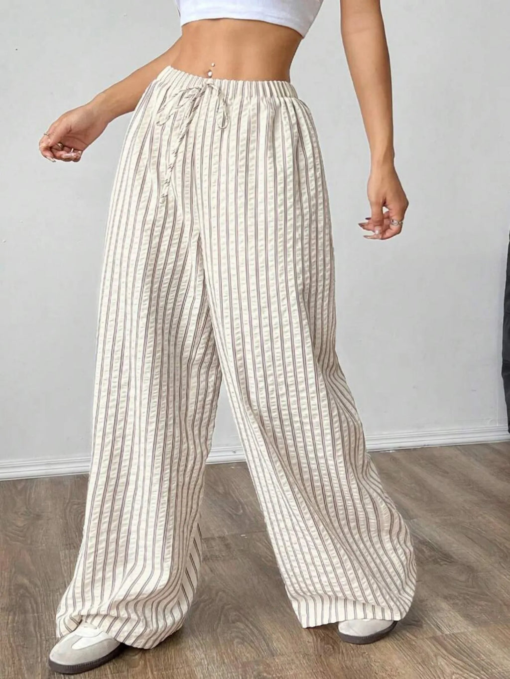 Women's Casual Striped Wide-Leg Pants   Summer Commute Fashion Drawstring Elastic Waist  Versatile Relaxed Straight Leg Trousers