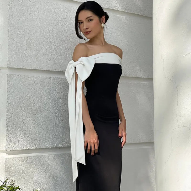 Hmsevenjz Black and White Bow Off Shoulder Long Dress for Women's Summer Sexy Slim Fit Short-sleeved Elegant Dress