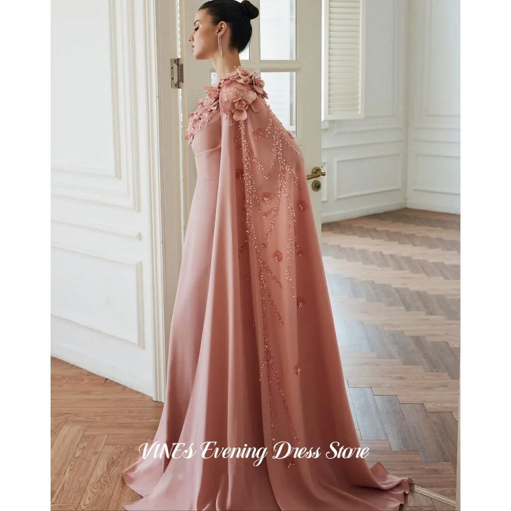VINES Pink One Shoulder Prom Dress 3D Flower Beaded Evening Dress With Cape Elegant Floor Length Formal Party Dress Customized