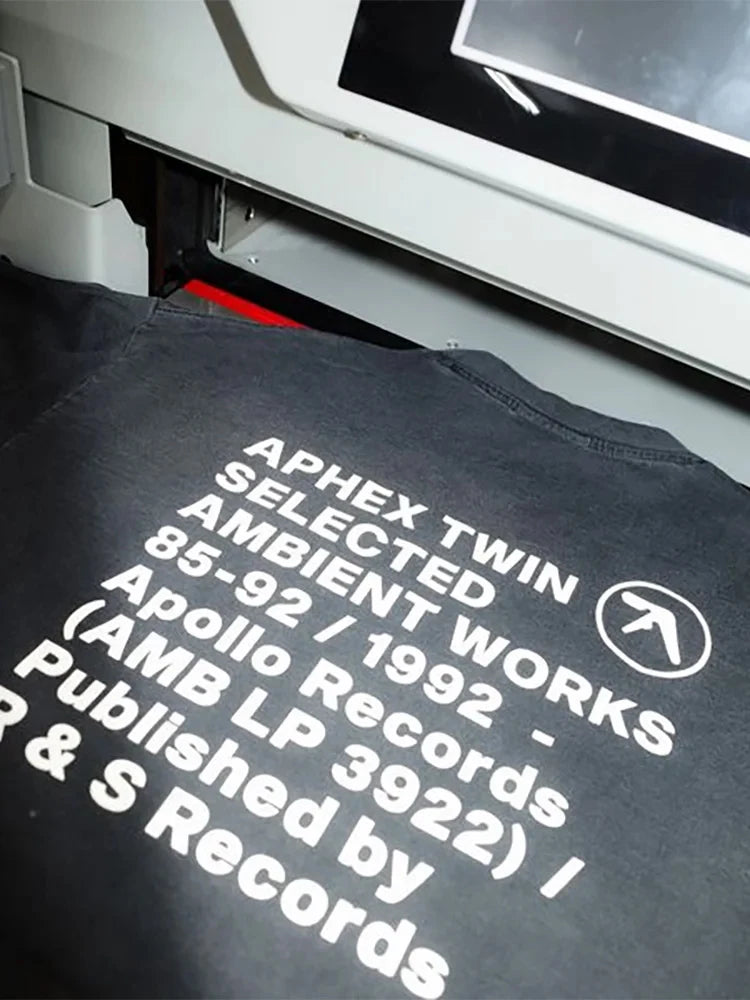 Men T-Shirt Aphex Twin Washed Black Print Short Sleeve Tops Cotton Graphic Oversized Korean Fashion Tees Y2k Streetwear Clothing