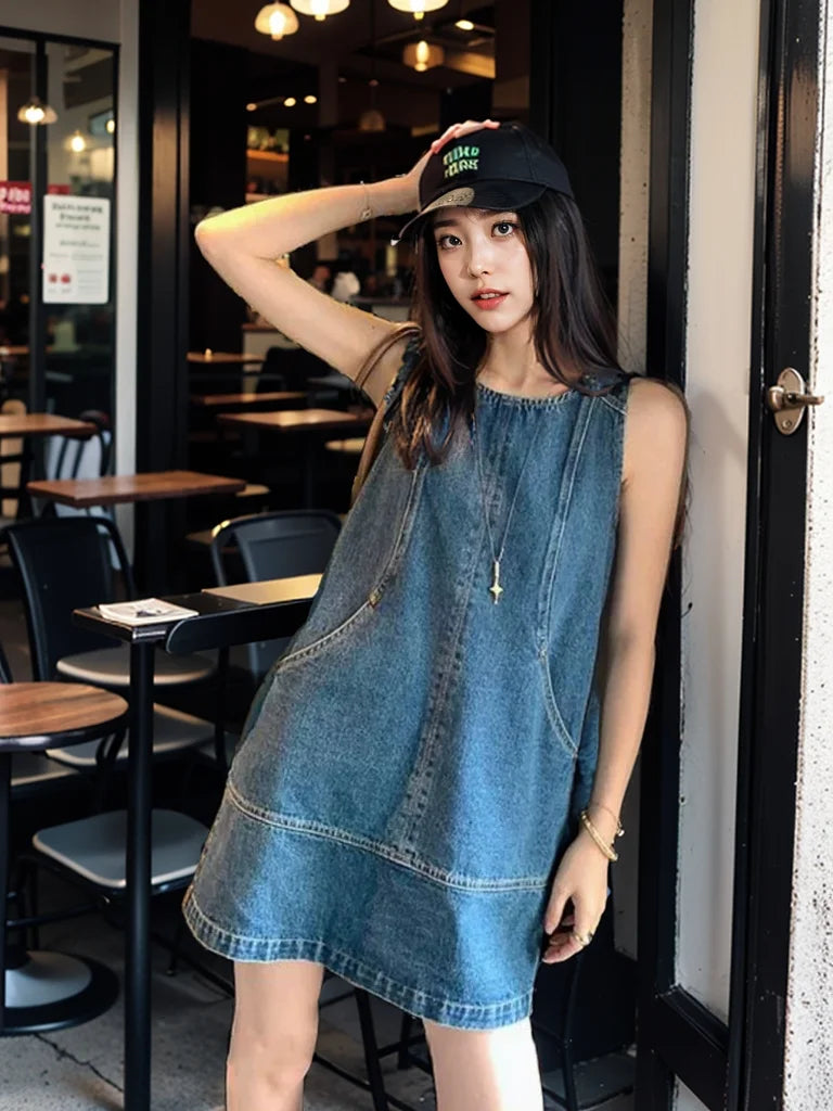Retro Vest Denim Dress 2025 Summer Fashion Temperament Stitching A Word Street Style Women's Short Skirt