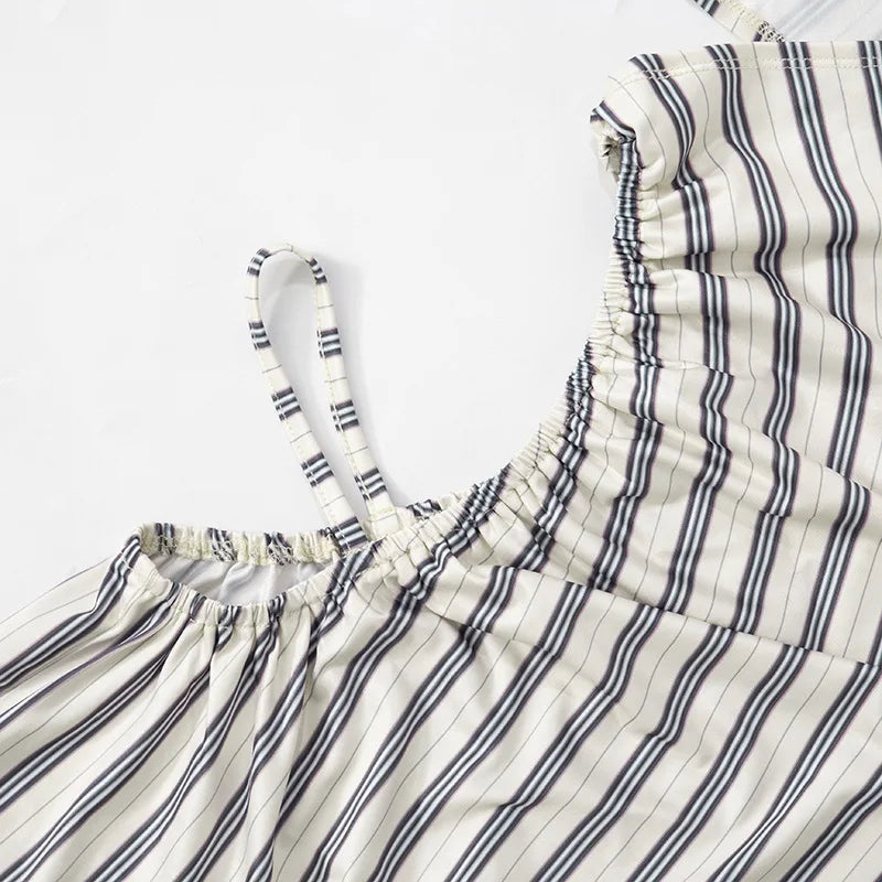 Fashion Women's Sexy Hollow Jumpsuit 2025 Spring Ruched Irregular Hipster Club Stripes Print Full Sleeve Midnight Party Overalls