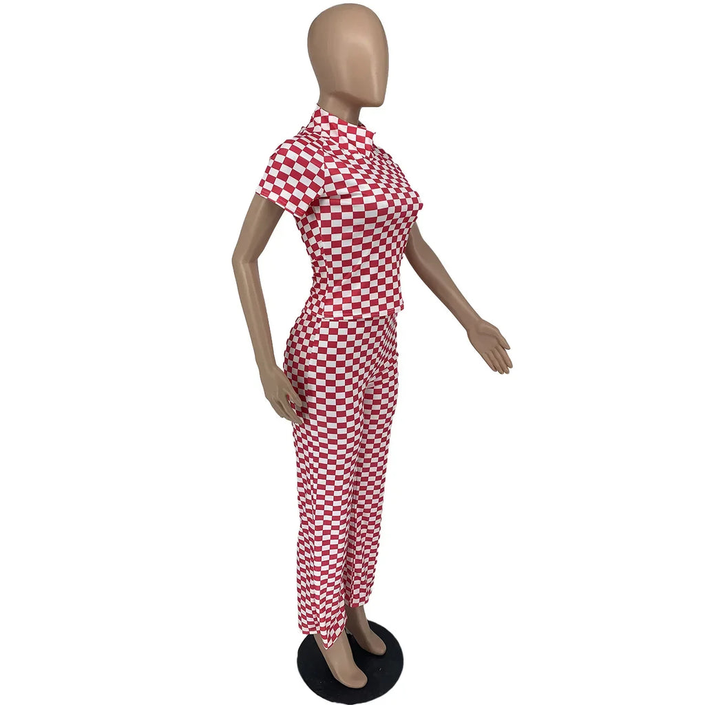 European and American Women's Fashion Fashion Design New Women's Spring Small Pit Strip Printed Checker Slim Two-piece Set