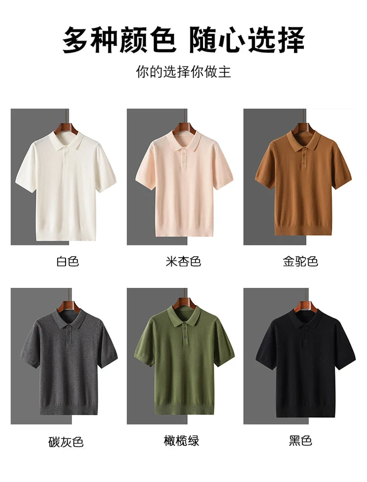 New summer 100% pure wool men's short sleeve polo neck T-shirt fashion youth casual Joker shirt thin T-shirt sweater