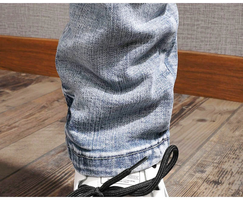Streetwear Fashion Men Jeans Retro Light Blue Elastic Slim Fit Ripped Jeans Men Embroidery Designer Vintage Casual Denim Pants