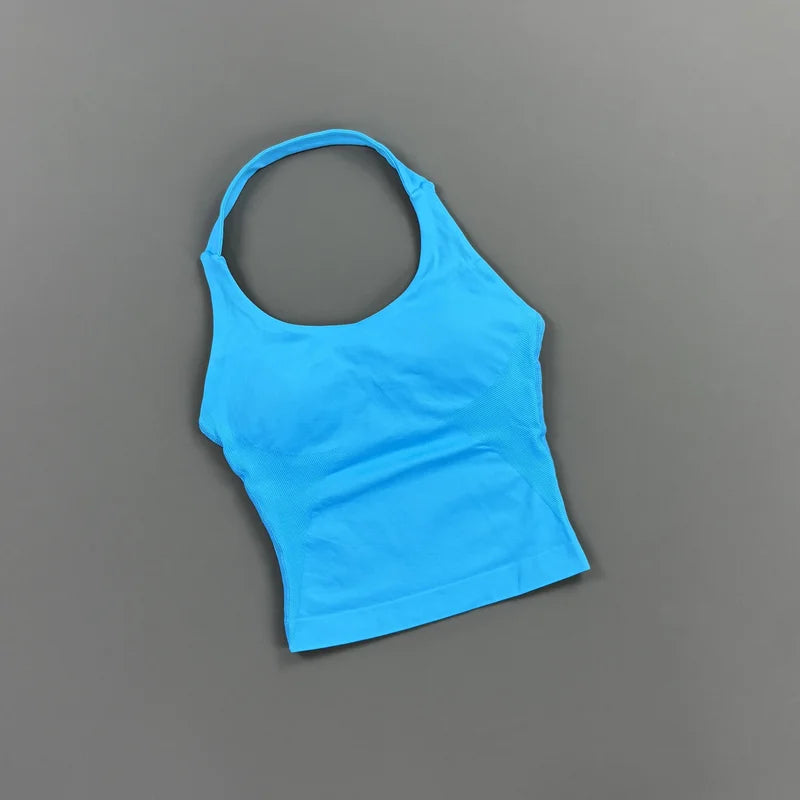 HISTELLO Impact Halter Top Women Gym Clothing Backless Seamless Sports Yoga Vest Running Fitness Workout Sleeveless Tank Top