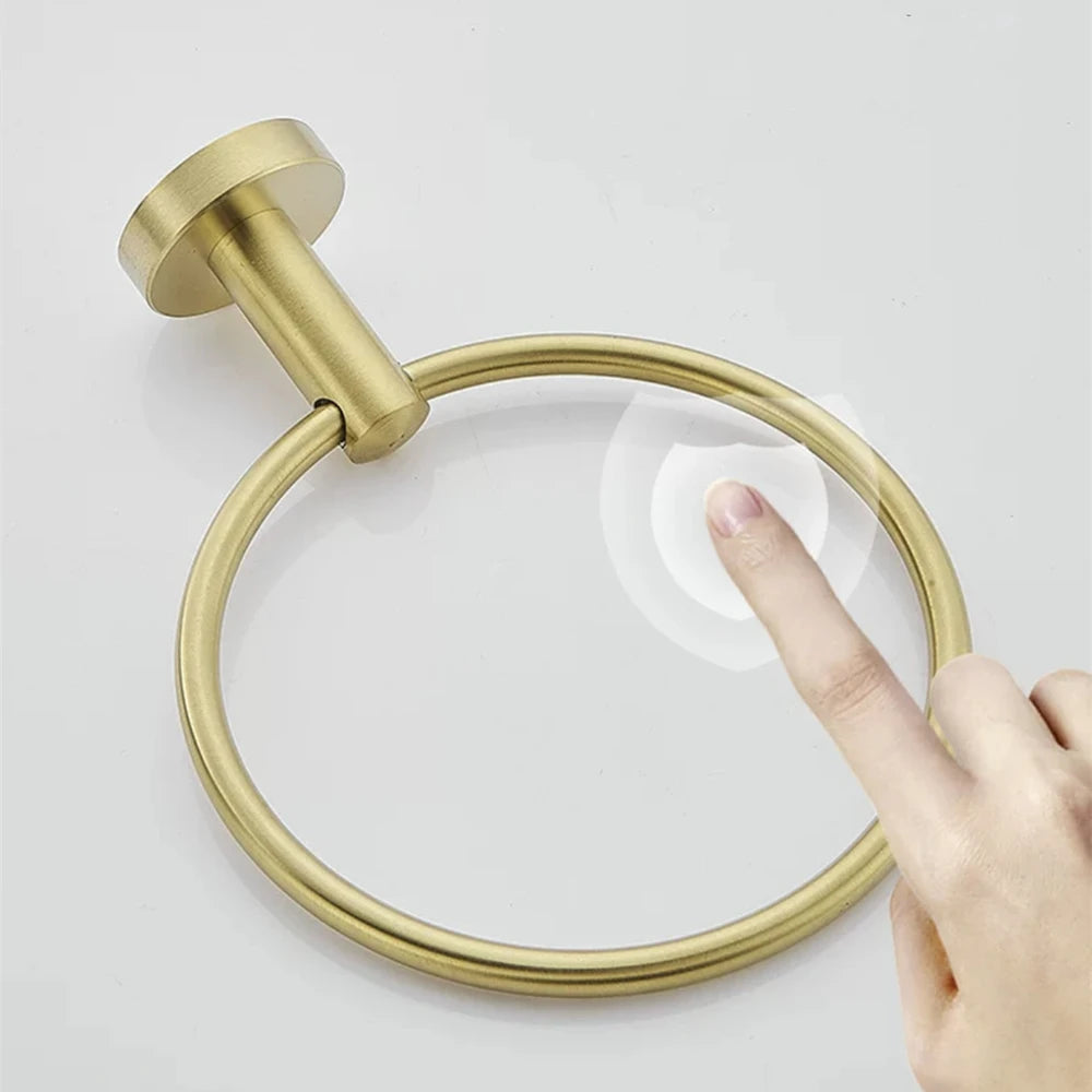 Black/Brushed Gold Stainless Steel Towel Ring Wall Hanging Round Towel Holder with Drill Hole Bathroom Storage Rack Accessory