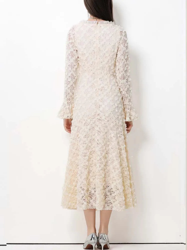 Elegant Square Neck Lace Three-Dimensional Flower Trumpet Sleeve Slim Fit Dress 2025 New Fashionable Autumn Women'S Clothing