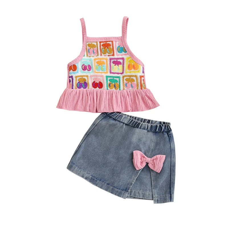 Toddler Kids Girls Clothing Set Strawberry Crochet Cami Tops and Bow Denim Skorts Jeans Outfits Set Clothes Children's Set