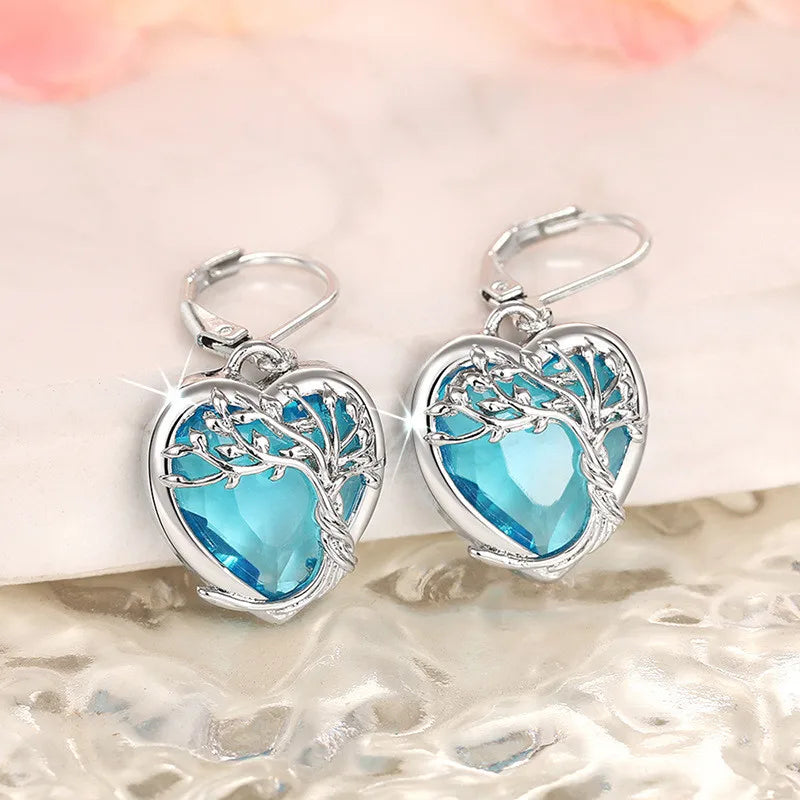 925 Sterling Silver Blue Crystal Heart Zircon Earrings For Woman Vintage Tree Shaped Engagement Charm Jewelry Gift