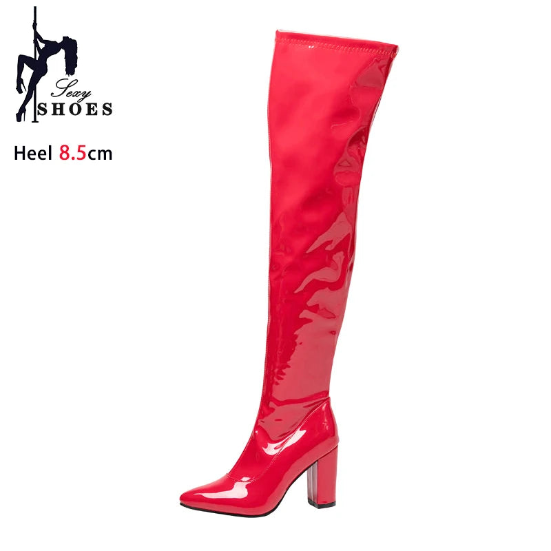 New Red Thigh High Women Boots Side Zip Pointed Toe Winter Shoes Elastic Patent Leather Over-the-Knee Boots Plus Size 44 45 46