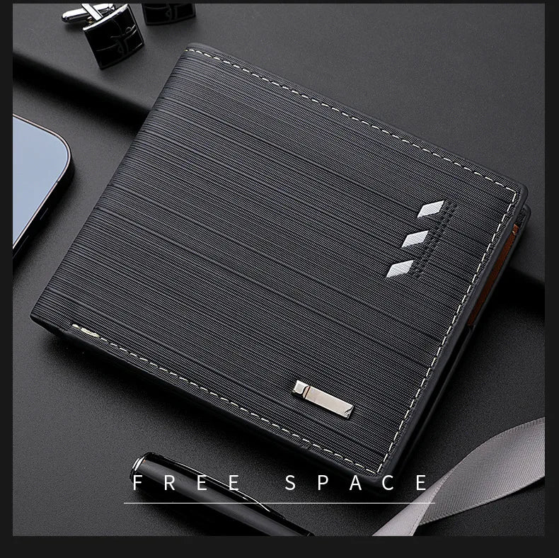 Business Men's Short Wallet Microfiber Synthetic Leather Short Wallets Men Stripe Male Purse Coin Pouch Multi-functional Cards