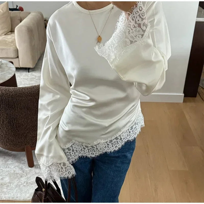 Elegant Satin Lace Patchwork Top Women Casual O-neck Loose Long Sleeves Strappy Female Shirt 2026 Spring Lady Fashion T-shirt