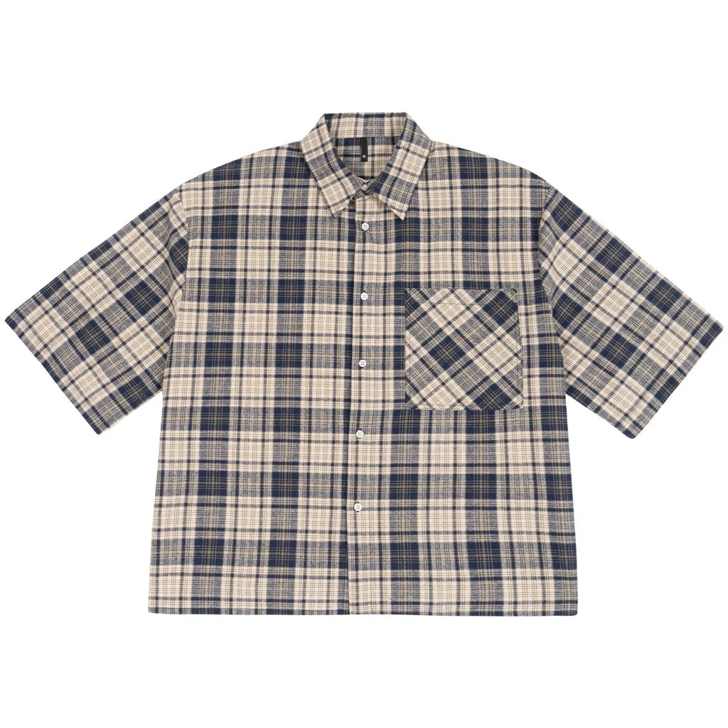 Mens 100% Cotton Short Sleeve Cropped Plaid Shirt for Summer Boxy Fit Button Up Custom Flannel Fashion Street Clothes Unisex