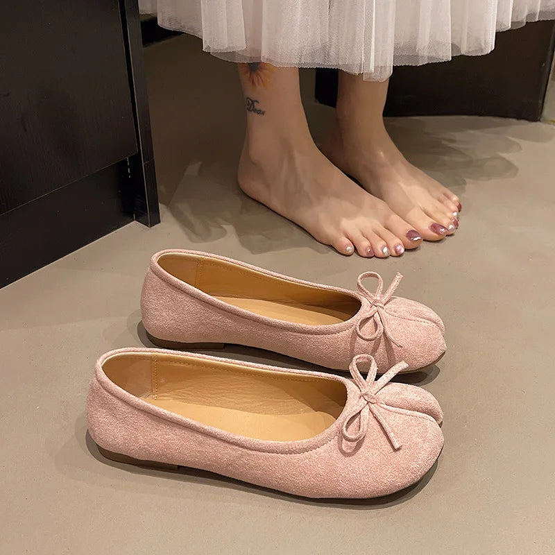Fashion Suede Split Toe Women Bow Tabi Ballet Flats Spring Autumn Comfortable Walking Lazy Loafers Casual Girls Dance Shoes