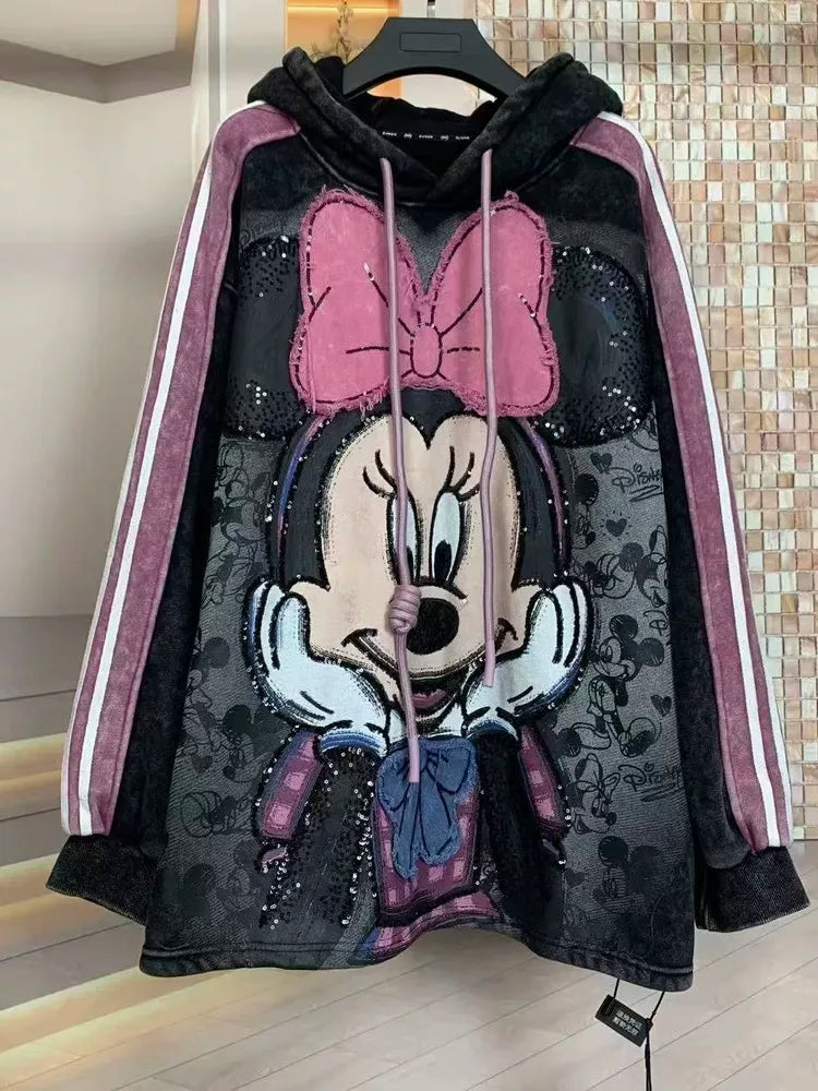 European and American new fashion heavy industry embroidery cartoon print loose hooded sweatshirt T-shirt for both men and women