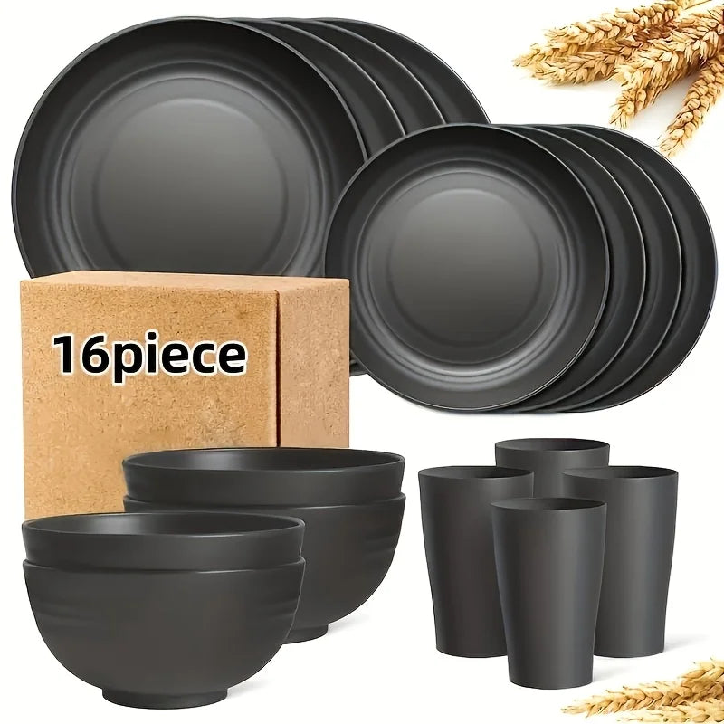 16Kitchen Set Made from Plastic Wheat Straw, Suitable for 4/8 People, Includes Plates, Dessert Plates, Cereal Bowls,