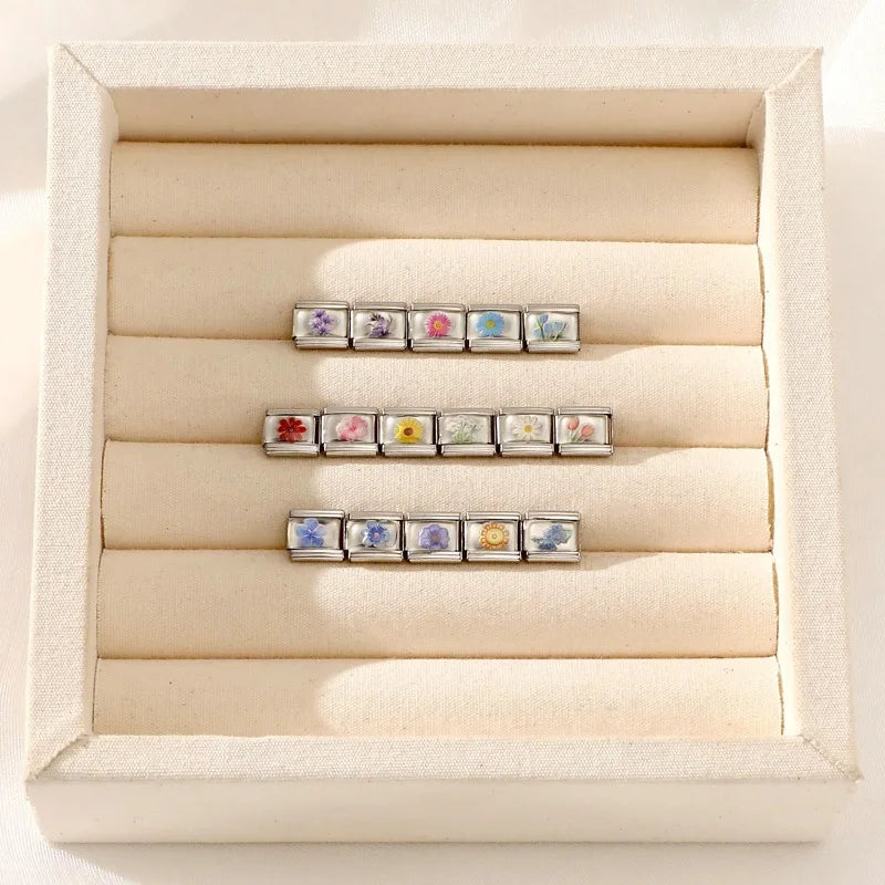2025 Women's Fashion Colorful Flowers Sunflower Tulip Orchid Daisy Italian Charms Fit 9mm Stainless Steel Bracelet DIY Jewelry