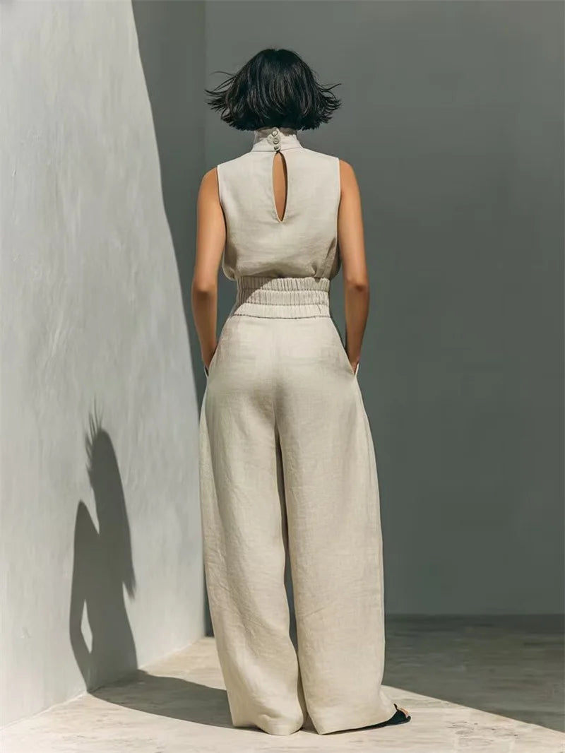 Women Summer Fashion Casual Loose Solid Suit Cotton Linen Set Sleeveless Tops Wide Leg Pants Office Ladies 2 Piece Sets 2026