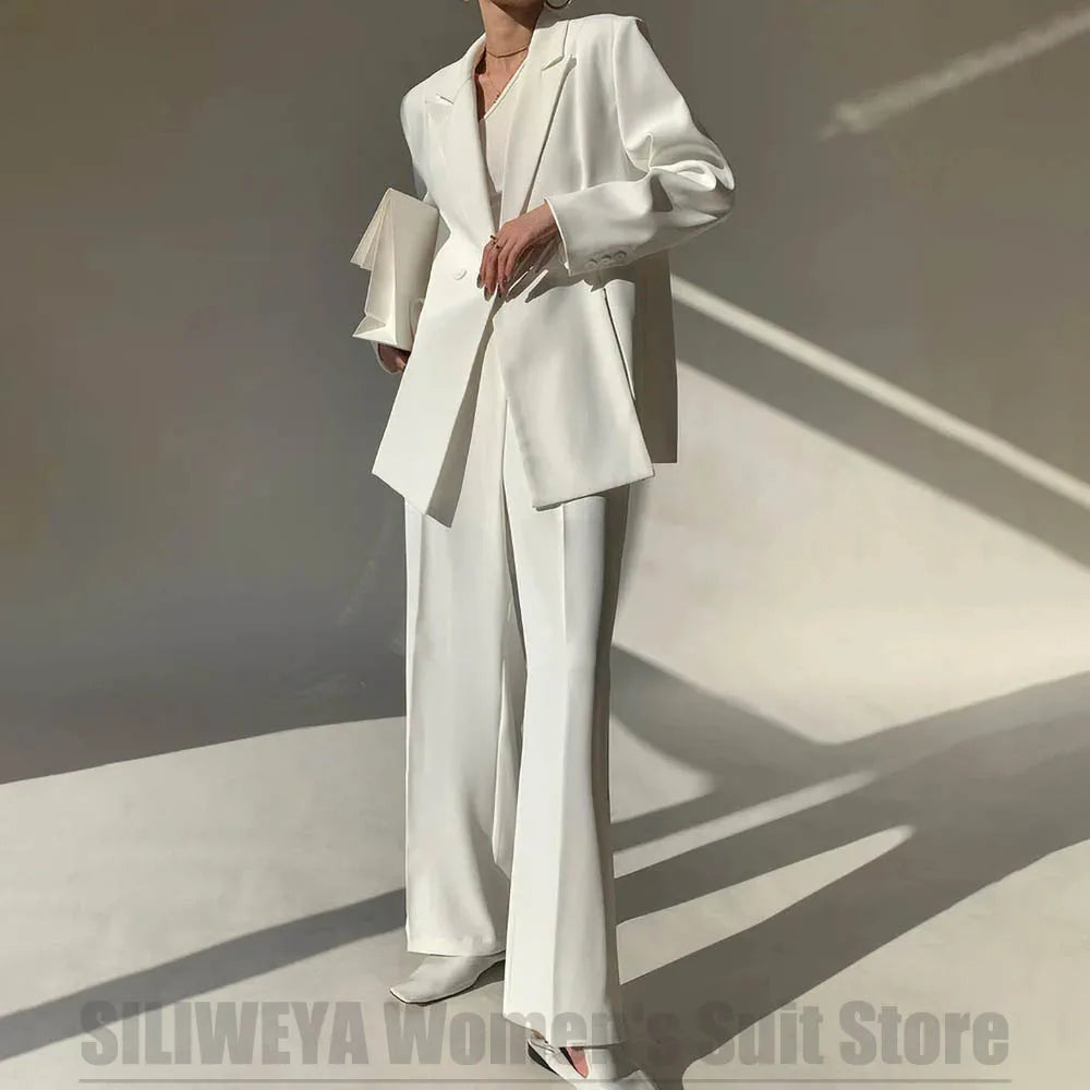 White Women's Suit Elegant Peak Lapel Formal Office Outfit Loose Fit Design Business Casual Party Ladies Fashion Suits 2 Piece