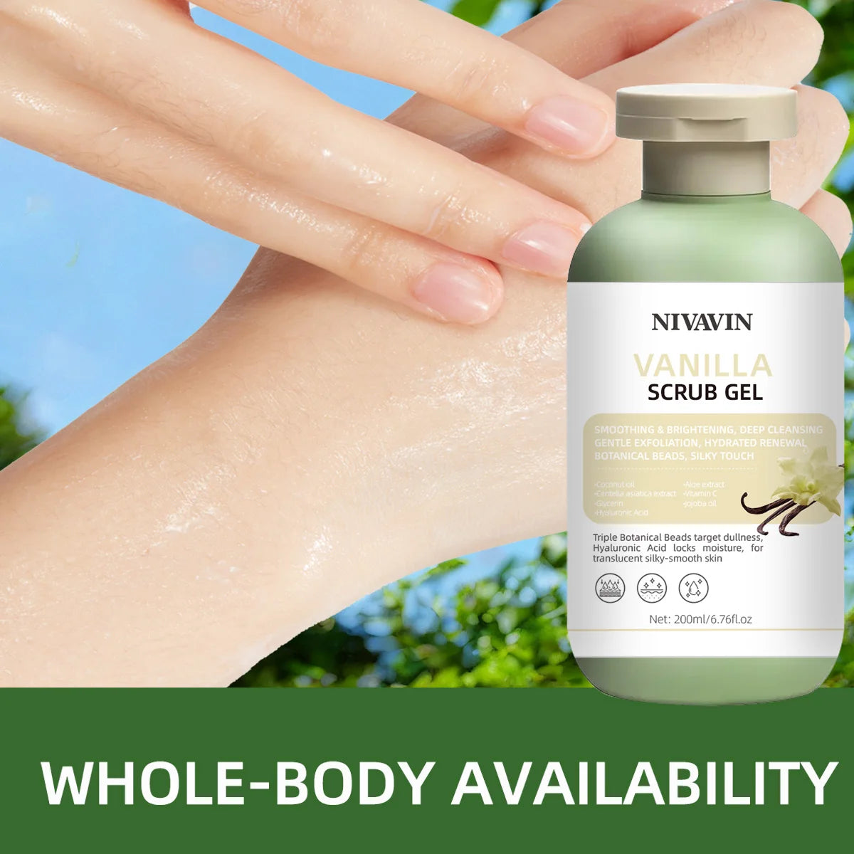 200ml Vanilla Scrub Gel is suitable for all skin types, gently removes dead skin, moisturizes and brightens the skin tone