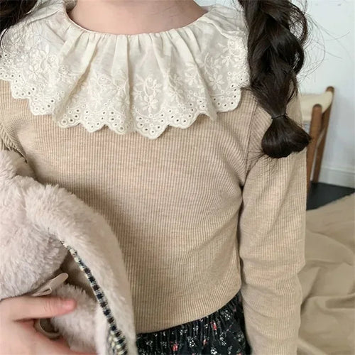 1-7 Years Long Sleeved Shirts Children Spring Knitted Tops Baby Lace 2025 Lace Base Shirt Korean Girls Ruffle Collar T-shirt